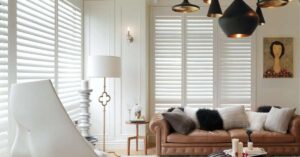 Living room with stylish shutters.